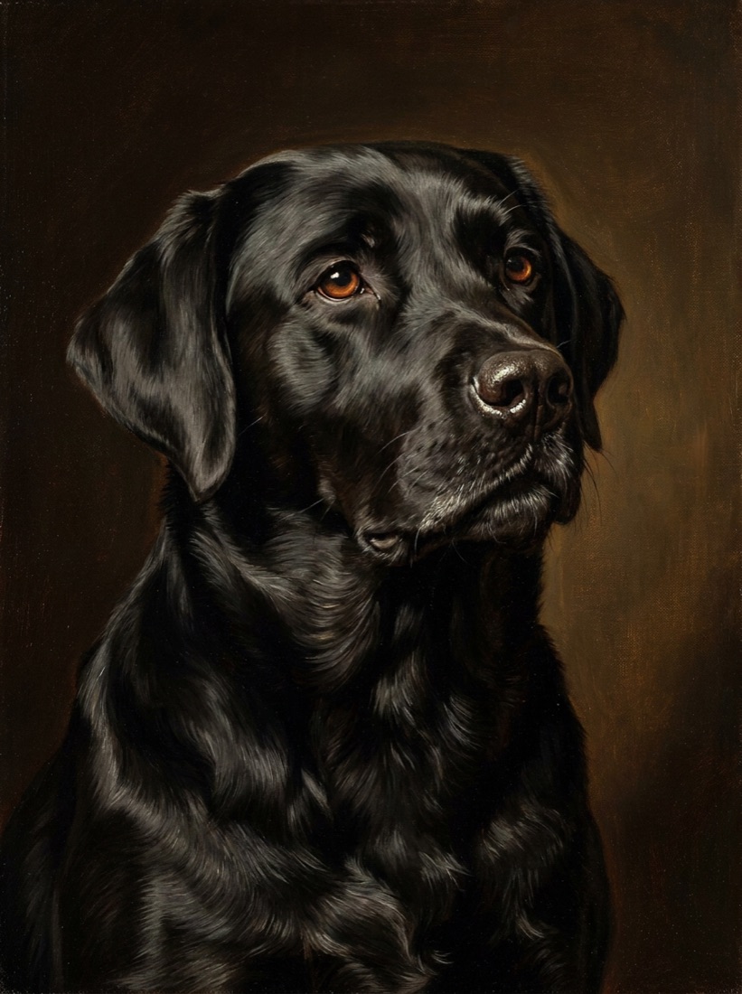Oil portrait of a black labrador, warm light catching the coat