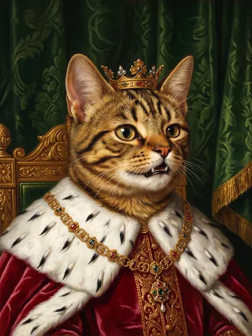 Cyber as a monarch with a small gold crown, his lopsided face kept