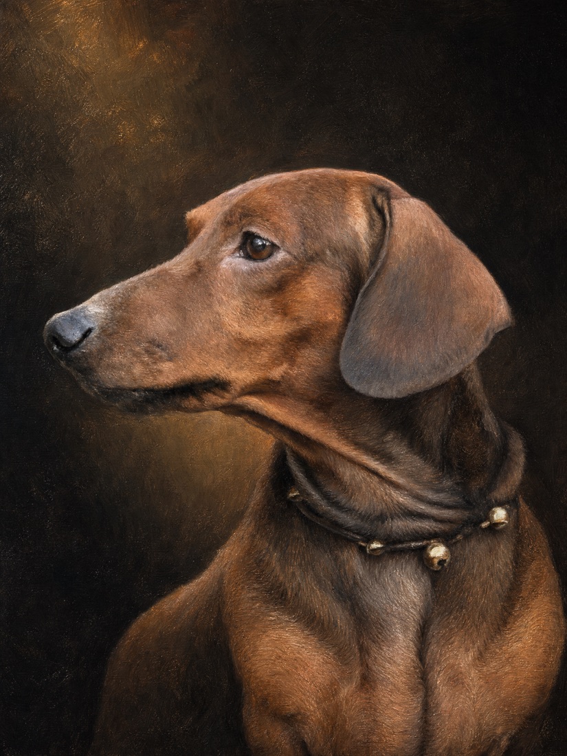 Profile oil portrait of a senior dachshund wearing his bell string