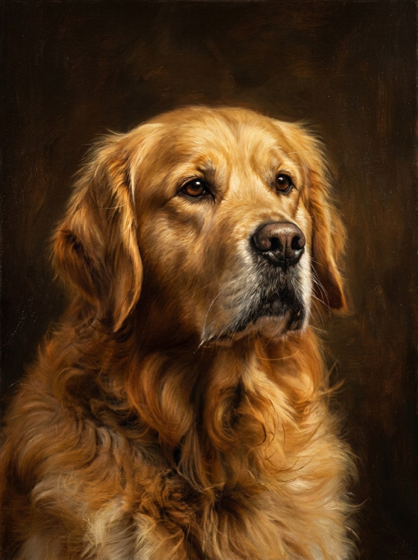 Oil portrait of a senior golden retriever with a greying muzzle, in soft warm memorial light