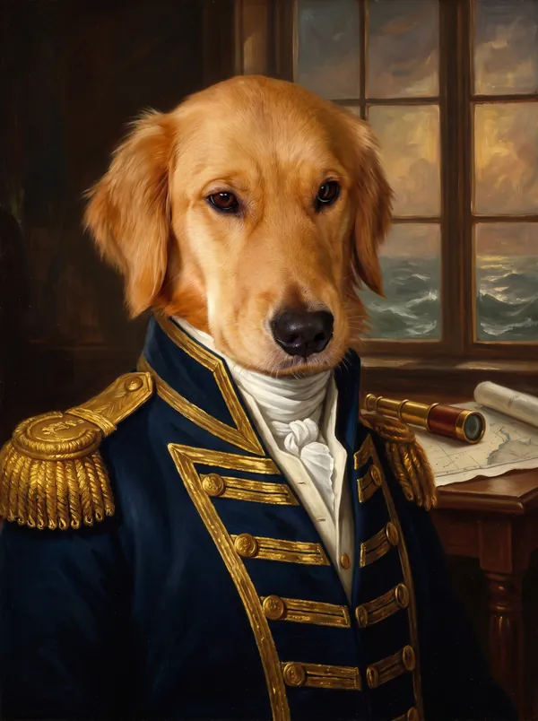 The same golden retriever painted as an 18th century naval admiral in a navy coat with gold epaulettes