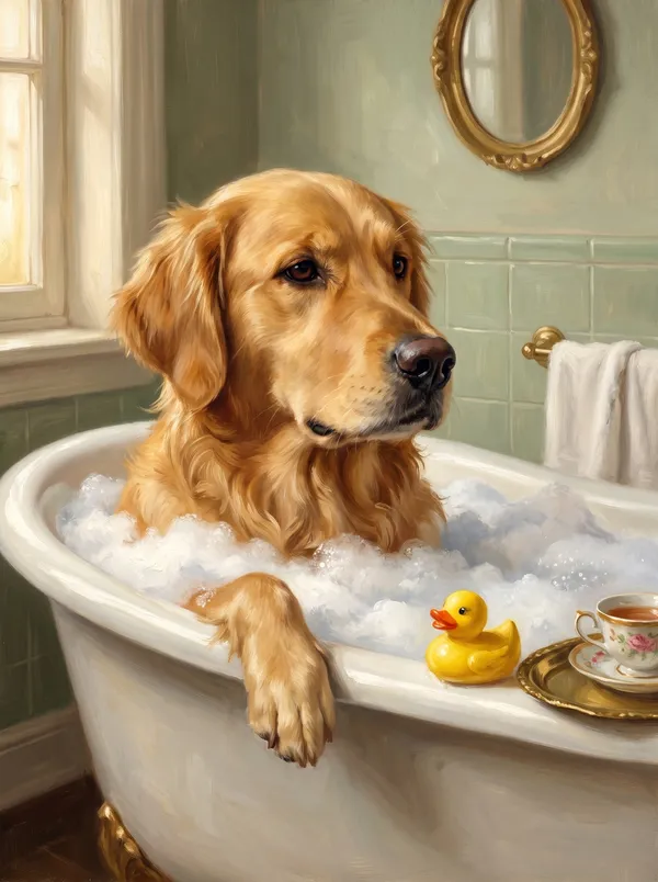 The same golden retriever relaxing in a clawfoot bathtub full of bubbles, a rubber duck on the rim