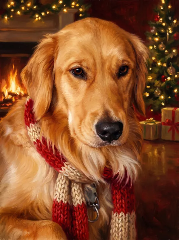 The same golden retriever by a glowing fireplace in a red knitted scarf