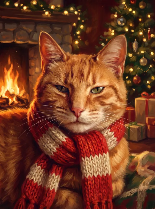 An orange tabby cat by the fireplace in a red knitted scarf