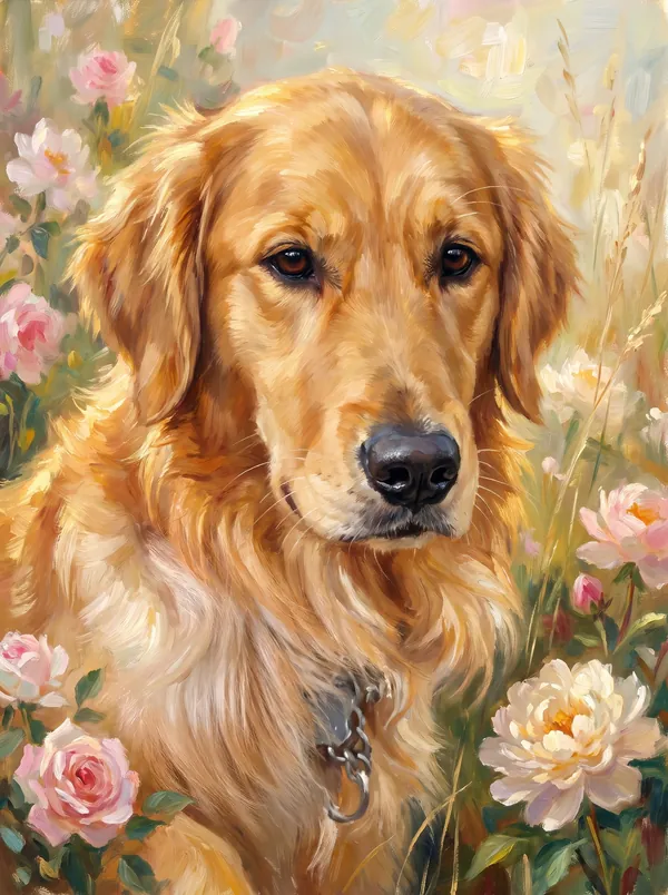 The same golden retriever painted among roses and peonies in a sunlit garden