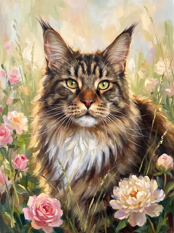 A Maine Coon cat painted among roses in a summer garden