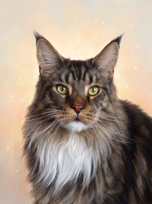 A Maine Coon cat painted in soft dawn light