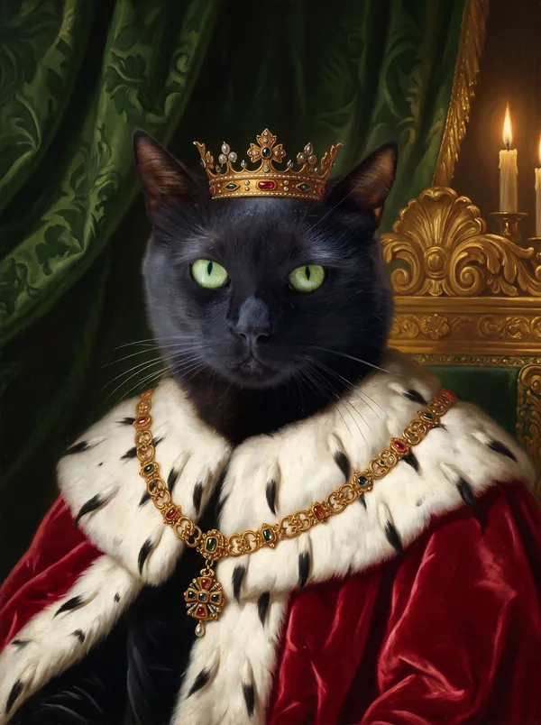 A black cat as a monarch in a crimson velvet mantle with ermine and a small gold crown
