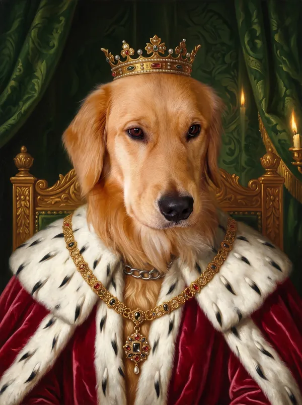 The same golden retriever as a monarch in a crimson velvet mantle with ermine and a small gold crown