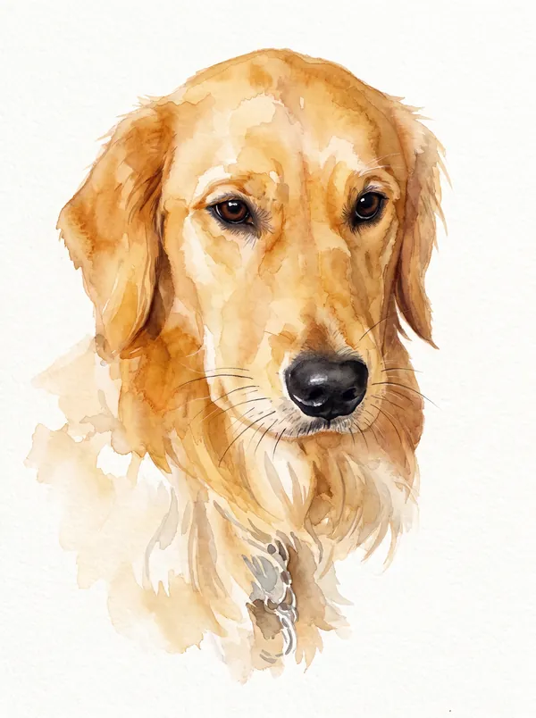 The same golden retriever as a loose watercolour on white paper