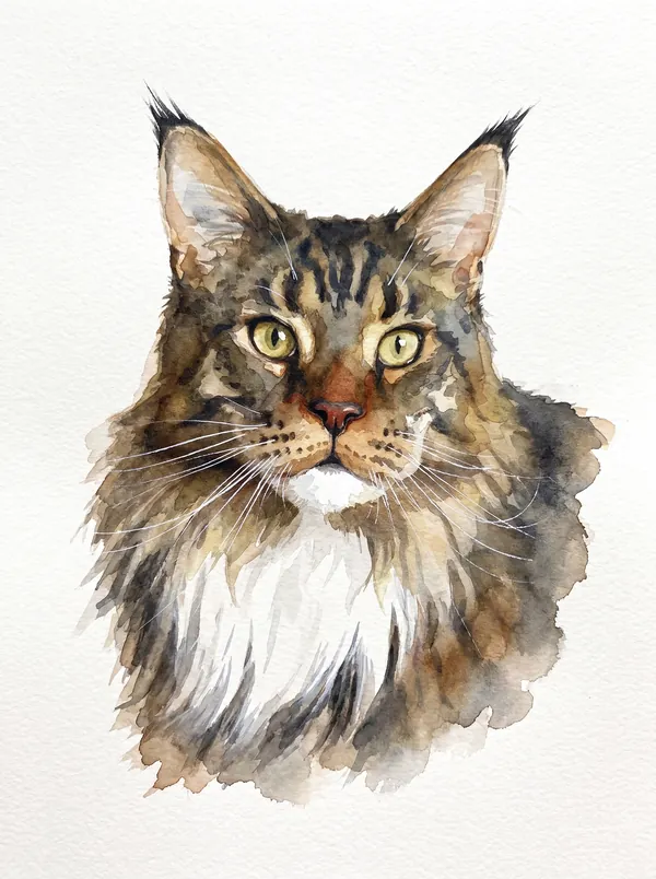 A Maine Coon cat as a watercolour on white paper