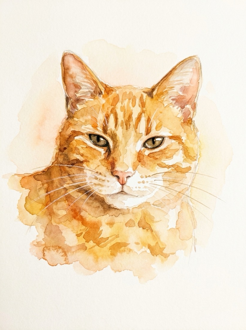 Watercolour portrait of an orange tabby cat