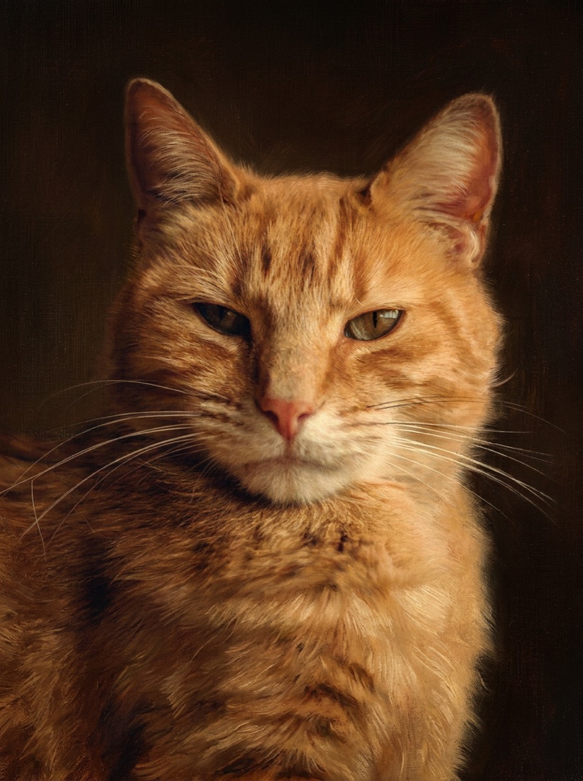 Oil portrait of an orange tabby cat with amber eyes