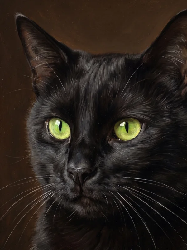 Oil portrait of the same black cat, eyes and whiskers kept